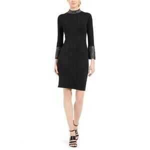 Calvin Klein Women's Small Black Embellished Mock-Neck Mini Sweater Dress J15-21